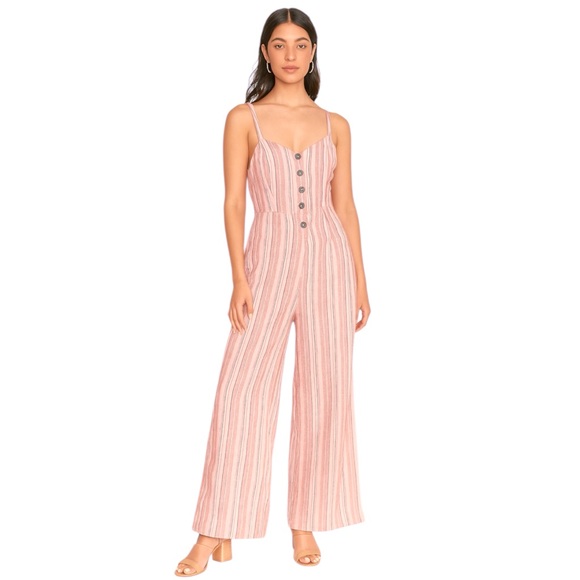 Hem & Thread Pants - Hem & Thread Womens M 100% Cotton Wide Leg Jumpsuit Rose Pink Stripe Relaxed Fit